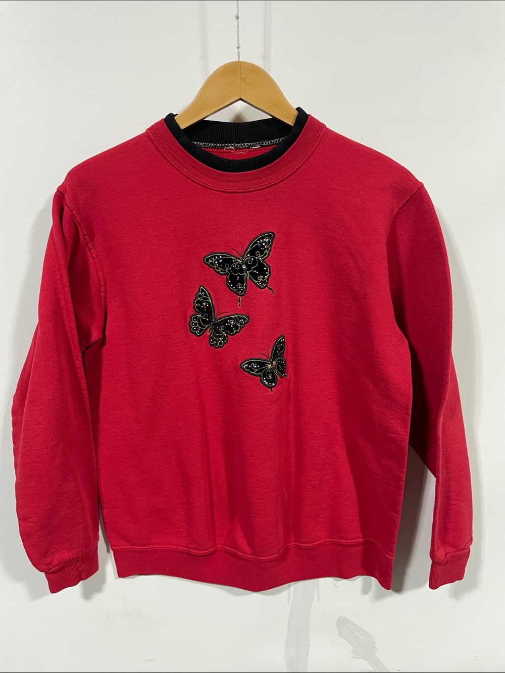 Vintage Red Sweatshirt with Black Ribbed Collar